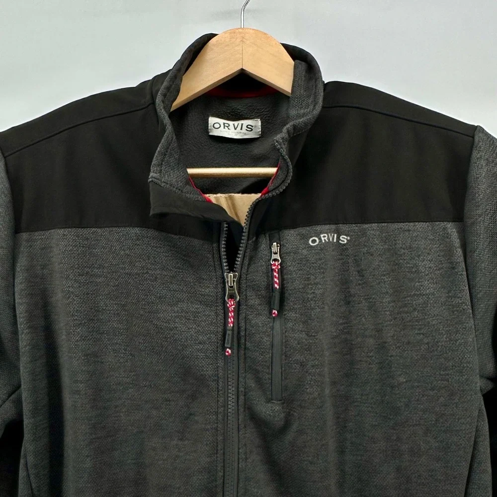 Orvis‎ Mens Large Full Zip Fleece Jacket Charcoal Gray Black Contrast 1522009